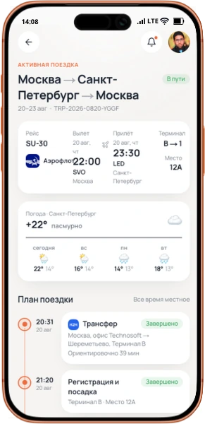 Приложение сотрудника 2trips: активная поездка, рейс, погода и план дня